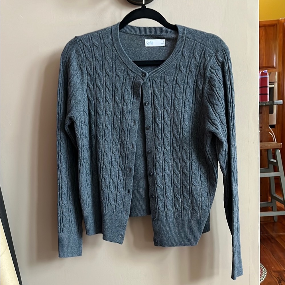 Croft and Borrow Gray Cardigan Sweater with Cable Knit Design